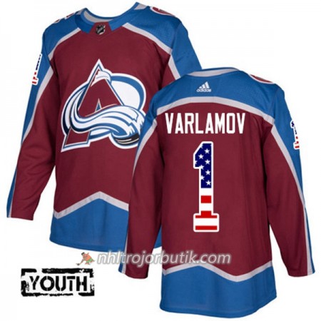 Barn Ishockey Colorado Avalanche Tröja Semyon Varlamov 1 Adidas 2017-2018 Burgundy Röd USA Flag Fashion Authentic